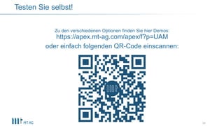 Zu den verschiedenen Optionen finden Sie hier Demos:
https://apex.mt-ag.com/apex/f?p=UAM
oder einfach folgenden QR-Code einscannen:
34
Testen Sie selbst!
 