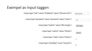Exempel av input-taggen
<input type=”text” name=”firstName” value=”Förnamn här”>
<input type=”password” name=”password” value=”Lösen”>
<input type=”button” value=”Min knapp”>
<input type=”submit” value=”Skicka”>
<input type=”radio” name=”choice”>
<input type=”checkbox” name=”choice2”>
 
