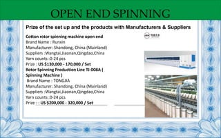 OPEN END SPINNING
Cotton rotor spinning machine open end
Brand Name : Runxin
Manufacturer: Shandong, China (Mainland)
Suppliers :Wangtai,Jiaonan,Qingdao,China
Yarn counts :0-24 pcs
Prize : US $130,000 - 170,000 / Set
Rotor Spinning Production Line TJ-008A (
Spinning Machine )
Brand Name : TONGJIA
Manufacturer: Shandong, China (Mainland)
Suppliers :Wangtai,Jiaonan,Qingdao,China
Yarn counts :0-24 pcs
Prize : : US $200,000 - 320,000 / Set
Prize of the set up and the products with Manufacturers & Suppliers
 