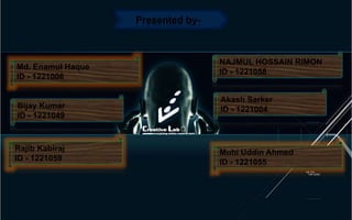 Muhi Uddin Ahmed
ID - 1221055
Rajib Kabiraj
ID - 1221059
Md. Enamul Haque
ID - 1221006
Akash Sarker
ID - 1221004
Presented by-
NAJMUL HOSSAIN RIMON
ID - 1221058
Bijay Kumar
ID - 1221049
 