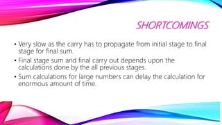 SHORTCOMINGS
• Very slow as the carry has to propagate from initial stage to final
stage for final sum.
• Final stage sum and final carry out depends upon the
calculations done by the all previous stages.
• Sum calculations for large numbers can delay the calculation for
enormous amount of time.
 