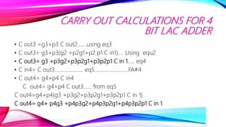 CARRY OUT CALCULATIONS FOR 4
BIT LAC ADDER
• C out3 =g3+p3 C out2…….using eq3
• C out3= g3+p3(g2 +p2g1+p2 p1 C in1)…. Using equ2
• C out3= g3 +p3g2+p3p2g1+p3p2p1 C in 1….. eq4
• C in4= C out3………………… eq5…………………….FA#4
• C out4= g4+p4 C in4
C out4= g4+p4 C out3…… from eq5
C out4=g4+p4(g3 +p3g2+p3p2g1+p3p2p1 C in 1)
C out4= g4+ p4g3 +p4p3g2+p4p3p2g1+p4p3p2p1 C in 1
 
