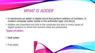 WHAT IS ADDER
• In electronics an adder is digital circuit that perform addition of numbers. In
modern computer adder reside in the arithmetic logic unit (ALU).
• Adders are important not only in the computer but also in many types of
digital systems in which the numeric data are processed.
Types of adder:
• Half adder
• Full adder
 