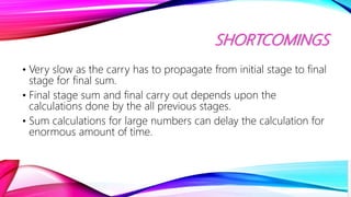 SHORTCOMINGS
• Very slow as the carry has to propagate from initial stage to final
stage for final sum.
• Final stage sum ...