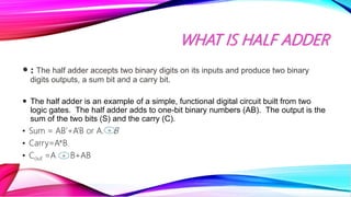 WHAT IS HALF ADDER
 : The half adder accepts two binary digits on its inputs and produce two binary
digits outputs, a sum...