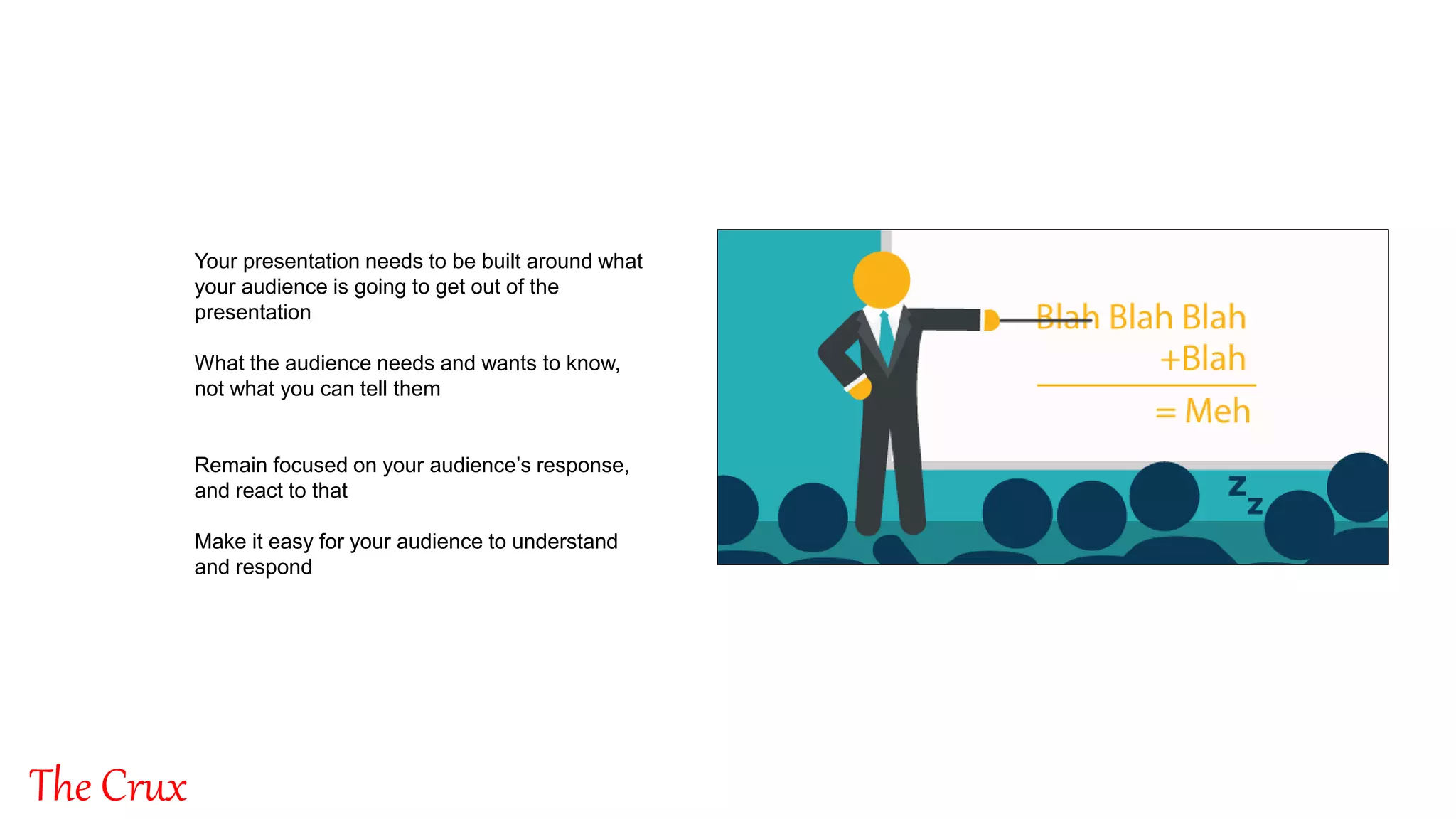 By: Singnet Solutions
7
The Crux
Your presentation needs to be built around what
your audience is going to get out of the
presentation
What the audience needs and wants to know,
not what you can tell them
Remain focused on your audience’s response,
and react to that
Make it easy for your audience to understand
and respond
 
