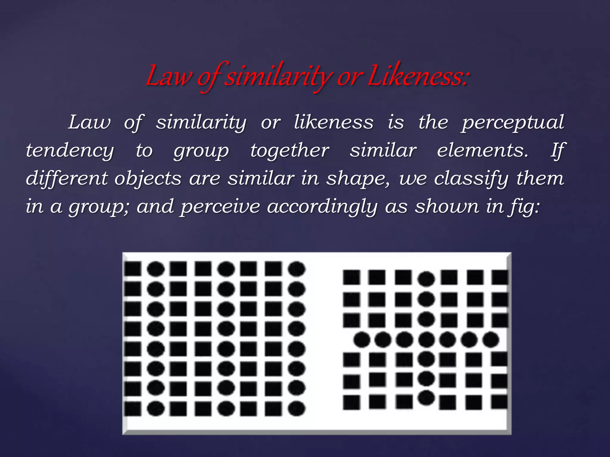 Law of similarity or likeness is the perceptual
tendency to group together similar elements. If
different objects are similar in shape, we classify them
in a group; and perceive accordingly as shown in fig:
Law of similarity or Likeness:
 