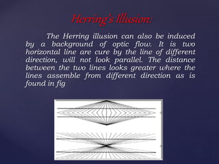 The Herring illusion can also be induced
by a background of optic flow. It is two
horizontal line are cure by the line of different
direction, will not look parallel. The distance
between the two lines looks greater where the
lines assemble from different direction as is
found in fig
Herring’s Illusion:
 