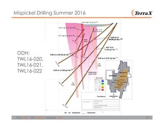 13TSX.V: TXR OTC: TRXXF Frankfurt: TXO
Mispickel Drilling Summer 2016
(3)
(10)
(2)
(3)
(10)
(10)
(10)
(9)
DDH:
TWL16-020,
TWL16-021,
TWL16-022
5.53 m @
29.85 g/t Au (10)
 