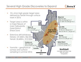 9TSX.V: TXR OTC: TRXXF Frankfurt: TXO
10 x 4 km high grade target area
defined by TerraX through surface
work in 2016
Target area is within
a major flexure of
main Yellowknife
Gold District
Shear Zone
Extensive drill database:
Historic: 37,500m,186 DDH
TerraX: 35,400m, 212 DDH
Townsite – geophysical
surveys and surface
sampling in summer 2016
Several High Grade Discoveries to Expand
 