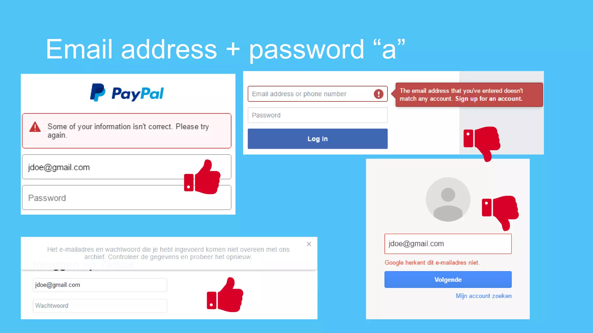 Email address + password “a”
 