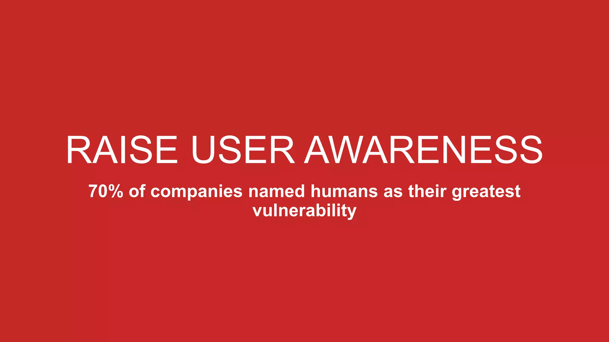 RAISE USER AWARENESS
70% of companies named humans as their greatest
vulnerability
 