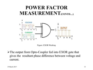 POWER FACTOR
MEASUREMENT(CONTD…)
The output from Opto-Coupler fed into EXOR gate that
gives the resultant phase difference between voltage and
current.
19 March 2017 13
Figure: EXOR Working
 