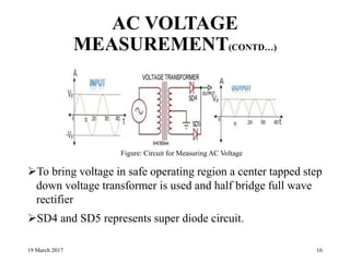 AC VOLTAGE
MEASUREMENT(CONTD…)
To bring voltage in safe operating region a center tapped step
down voltage transformer is used and half bridge full wave
rectifier
SD4 and SD5 represents super diode circuit.
19 March 2017 16
Figure: Circuit for Measuring AC Voltage
 