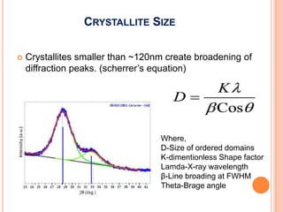 CRYSTALLITE SIZE
 Crystallites smaller than ~120nm create broadening of
diffraction peaks. (scherrer’s equation)
Where,
D-Size of ordered domains
K-dimentionless Shape factor
Lamda-X-ray wavelength
β-Line broading at FWHM
Theta-Brage angle
 