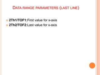 DATA RANGE PARAMETERS (LAST LINE)
 2Th1/TOF1:First value for x-axis
 2Th2/TOF2:Last value for x-axis
 