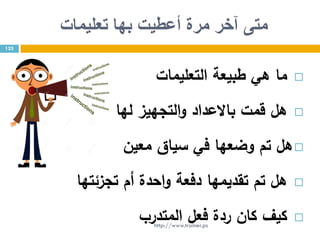 ‫تعليمات‬ ‫بها‬ ‫أعطيت‬ ‫مرة‬ ‫آخر‬ ‫متى‬
‫التعليمات‬ ‫طبيعة‬ ‫هي‬ ‫ما‬
‫لها‬ ‫التجهيز‬‫و‬ ‫باالعداد‬ ‫قمت‬ ‫هل‬
‫معين‬ ‫سياق‬ ‫في‬ ‫وضعها‬ ‫تم‬ ‫هل‬
‫تجزئتها‬ ‫أم‬ ‫احدة‬‫و‬ ‫دفعة‬ ‫تقديمها‬ ‫تم‬ ‫هل‬
‫المتدرب‬ ‫فعل‬ ‫ردة‬ ‫كان‬ ‫كيف‬
123
http://www.trainer.ps
 