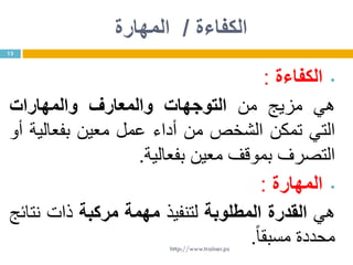 ‫الكفاءة‬/‫المهارة‬
•‫الكفاءة‬:
‫هي‬‫مزيج‬‫من‬‫التوجهات‬‫والمعارف‬‫والمهارات‬
‫التي‬‫تمكن‬‫الشخص‬‫من‬‫أداء‬‫عمل‬‫معين‬‫بفعالية‬‫أو‬
‫التصرف‬‫بموقف‬‫معين‬‫بفعالية‬.
•‫المهارة‬:
‫هي‬‫القدرة‬‫المطلوبة‬‫لتنفيذ‬‫مهمة‬‫مركبة‬‫ذات‬‫نتائج‬
‫محددة‬‫مسبقا‬.
13
http://www.trainer.ps
 