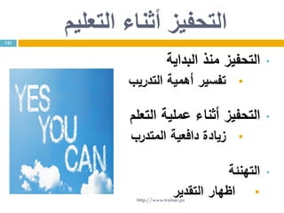 ‫التعليم‬ ‫أثناء‬ ‫التحفيز‬
•‫البداية‬ ‫منذ‬ ‫التحفيز‬
‫أهمية‬ ‫تفسير‬‫التدريب‬
•‫التعلم‬ ‫عملية‬ ‫أثناء‬ ‫التحفيز‬
‫دافعية‬ ‫زيادة‬‫المتدرب‬
•‫التهنئة‬
‫التقدير‬ ‫اظهار‬
131
http://www.trainer.ps
 
