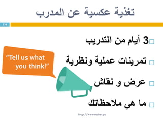 ‫المدرب‬ ‫عن‬ ‫عكسية‬ ‫تغذية‬
3‫التدريب‬ ‫من‬ ‫أيام‬
‫ونظرية‬ ‫عملية‬ ‫تمرينات‬
‫نقاش‬ ‫و‬ ‫عرض‬
‫مالحظاتك‬ ‫هي‬ ‫ما‬
136
http://www.trainer.ps
 