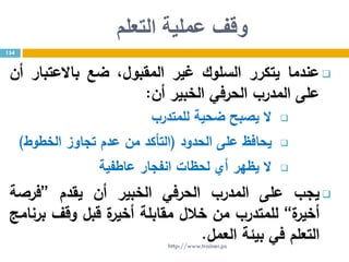 ‫التعلم‬ ‫عملية‬ ‫وقف‬
‫عندما‬‫يتكرر‬‫السلوك‬‫غير‬،‫المقبول‬‫ضع‬‫باالعتبار‬‫أن‬
‫على‬‫المدرب‬‫الحرفي‬‫الخبير‬‫أن‬:
‫ال‬‫يصبح‬‫ضحية‬‫للمتدرب‬
‫يحافظ‬‫على‬‫الحدود‬(‫التأكد‬‫من‬‫عدم‬‫تجاوز‬‫الخطوط‬)
‫ال‬‫يظهر‬‫أي‬‫لحظات‬‫انفجار‬‫عاطفية‬
‫يجب‬‫على‬‫المدرب‬‫الحرفي‬‫الخبير‬‫أن‬‫يقدم‬”‫فرصة‬
‫ة‬‫أخير‬“‫للمتدرب‬‫من‬‫خالل‬‫مقابلة‬‫ة‬‫أخير‬‫قبل‬‫وقف‬‫برنامج‬
‫التعلم‬‫في‬‫بيئة‬‫العمل‬.
154
http://www.trainer.ps
 