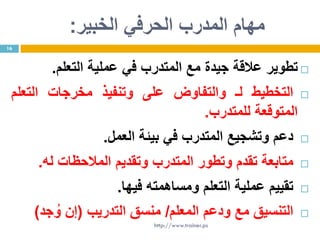 ‫الخبير‬ ‫الحرفي‬ ‫المدرب‬ ‫مهام‬:
‫تطوير‬‫عالقة‬‫جيدة‬‫مع‬‫المتدرب‬‫في‬‫عملية‬‫التعلم‬.
‫التخطيط‬‫لـ‬‫والتفاوض‬‫على‬‫وتنفيذ‬‫مخرجات‬‫التعلم‬
‫المتوقعة‬‫للمتدرب‬.
‫دعم‬‫وتشجيع‬‫المتدرب‬‫في‬‫بيئة‬‫العمل‬.
‫متابعة‬‫تقدم‬‫وتطور‬‫المتدرب‬‫وتقديم‬‫المالحظات‬‫له‬.
‫تقييم‬‫عملية‬‫التعلم‬‫ومساهمته‬‫فيها‬.
‫التنسيق‬‫مع‬‫ودعم‬‫المعلم‬/‫منسق‬‫التدريب‬(‫إن‬‫جد‬ ُ‫و‬)
16
http://www.trainer.ps
 