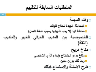 ‫للتقييم‬ ‫السابقة‬ ‫المتطلبات‬
‫وقت‬‫المهمة‬
‫المحادثة‬‫الجيدة‬‫تحتاج‬‫للوقت‬
‫مخطط‬‫لها‬(‫ال‬‫يجب‬‫تأجيلها‬‫بسبب‬‫ضغط‬‫العمل‬)
‫الخصوصية‬‫بين‬‫المدرب‬‫الحرفي‬‫الخبير‬‫المتدرب‬‫و‬
(‫الثقة‬)
‫مناخ‬‫مريح‬
‫مناخ‬‫يدعو‬‫لالنفتاح‬‫بداء‬‫ا‬‫و‬‫أي‬‫ر‬‫ال‬‫الشخصي‬
‫ربط‬‫ذلك‬‫بوزن‬‫معين‬
‫طرح‬‫االسئلة‬‫االستماع‬‫و‬‫كذلك‬
167
http://www.trainer.ps
 