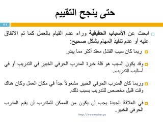 ‫التقييم‬ ‫ينجح‬ ‫حتى‬
‫ابحث‬‫عن‬‫األسباب‬‫الحقيقية‬‫وراء‬‫عدم‬‫القيام‬‫بالعمل‬‫كما‬‫تم‬‫االتفاق‬
‫عليه‬‫أو‬‫عدم‬‫تنفيذ‬‫المهام‬‫بشكل‬‫صحيح‬:
‫ربما‬‫كان‬‫سبب‬‫الفشل‬‫معقد‬‫أكثر‬‫مما‬‫يبدو‬.
‫وقد‬‫يكون‬‫السبب‬‫هو‬‫قلة‬‫خبرة‬‫المدرب‬‫الحرفي‬‫الخبير‬‫في‬‫التدريب‬‫أو‬‫في‬
‫أساليب‬‫التدريب‬.
‫وربما‬‫كان‬‫المدرب‬‫الحرفي‬‫الخبير‬‫مشغوال‬‫جدا‬‫في‬‫مكان‬‫العمل‬‫وكان‬‫هناك‬
‫وقت‬‫قليل‬‫مخصص‬‫للتدريب‬‫بسبب‬‫ذلك‬.
‫في‬‫العالقة‬‫الجيدة‬‫يجب‬‫أن‬‫ي‬‫كون‬‫من‬‫الممكن‬‫للمتدرب‬‫أن‬‫يقيم‬‫المدرب‬
‫الحرفي‬‫الخبير‬.
172
http://www.trainer.ps
 