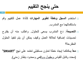 ‫التقييم‬ ‫ينجح‬ ‫حتى‬
‫استخدم‬‫السجل‬‫وخطة‬‫تطوير‬‫المهارات‬‫كأداة‬‫عمل‬‫للتقييم‬‫وقم‬
‫باستكمالهما‬‫مع‬‫المتدرب‬.
‫النصيحة‬:‫دع‬‫المتدرب‬‫يسعى‬‫للحلول‬.‫واطلب‬‫منه‬‫أن‬‫يقترح‬
‫تحسينات‬‫إضافية‬‫لعالقة‬‫العمل‬‫وكيف‬‫يمكن‬‫أن‬‫يتم‬‫تنفيذ‬‫الحلول‬
‫المقترحة؟‬
ً‫ا‬‫مع‬‫يمكنكما‬‫إيجاد‬‫خطة‬‫تعاون‬‫مستقبلي‬‫تعتمد‬‫على‬‫نهج‬"SMART"
(‫محدد‬‫وقابل‬‫للقياس‬‫ومقبول‬‫وواقعي‬‫ومحدود‬‫بإطار‬‫زمني‬).
173
http://www.trainer.ps
 