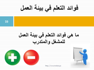 ‫العمل‬ ‫بيئة‬ ‫في‬ ‫التعلم‬ ‫فوائد‬ ‫هي‬ ‫ما‬
‫والمتدرب‬ ‫للمشغل‬
‫العمل‬ ‫بيئة‬ ‫في‬ ‫التعلم‬ ‫فوائد‬
25
http://www.trainer.ps
 