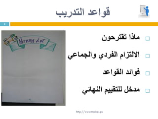 ‫التدريب‬ ‫قواعد‬
‫تقترحون‬ ‫ماذا‬
‫والجماعي‬ ‫الفردي‬ ‫االلتزام‬
‫القواعد‬ ‫فوائد‬
‫النهائي‬ ‫للتقييم‬ ‫مدخل‬
4
http://www.trainer.ps
 