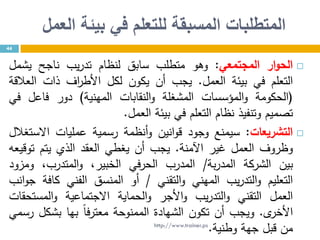 ‫العمل‬ ‫بيئة‬ ‫في‬ ‫للتعلم‬ ‫المسبقة‬ ‫المتطلبات‬
44
‫ار‬‫و‬‫الح‬‫المجتمعي‬:‫وهو‬‫متطلب‬‫سابق‬‫لنظام‬‫يب‬‫ر‬‫تد‬‫ناجح‬‫يشمل‬
‫التعلم‬‫في‬‫بيئة‬‫العمل‬.‫يجب‬‫أن‬‫يكون‬‫لكل‬‫اف‬‫ر‬‫األط‬‫ذات‬‫العالقة‬
(‫الحكومة‬‫المؤسسات‬‫و‬‫المشغلة‬‫النقابات‬‫و‬‫المهنية‬)‫دور‬‫فاعل‬‫في‬
‫تصميم‬‫وتنفيذ‬‫نظام‬‫التعلم‬‫في‬‫بيئة‬‫العمل‬.
‫التشريعات‬:‫سيمنع‬‫وجود‬‫انين‬‫و‬‫ق‬‫أنظمة‬‫و‬‫رسمية‬‫عمليات‬‫االستغالل‬
‫وظروف‬‫العمل‬‫غير‬‫اآلمنة‬.‫يجب‬‫أن‬‫يغطي‬‫العقد‬‫الذي‬‫يتم‬‫توقيعه‬
‫بين‬‫الشركة‬‫بة‬‫ر‬‫المد‬/‫المدرب‬‫الحرفي‬،‫الخبير‬،‫المتدرب‬‫و‬‫ومزود‬
‫التعليم‬‫يب‬‫ر‬‫التد‬‫و‬‫المهني‬‫التقني‬‫و‬/‫أو‬‫المنسق‬‫الفني‬‫كافة‬‫انب‬‫و‬‫ج‬
‫العمل‬‫التقني‬‫يب‬‫ر‬‫التد‬‫و‬‫األجر‬‫و‬‫الحماية‬‫و‬‫االجتماعية‬‫المستحقات‬‫و‬
‫ى‬‫األخر‬.‫ويجب‬‫أن‬‫تكون‬‫الشهادة‬‫الممنوحة‬ً‫ا‬‫معترف‬‫بها‬‫بشكل‬‫رسمي‬
‫من‬‫قبل‬‫جهة‬‫وطنية‬.http://www.trainer.ps
 