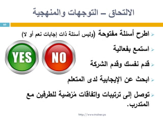 ‫االلتحاق‬–‫والمنهجية‬ ‫التوجهات‬
‫مفتوحة‬ ‫أسئلة‬ ‫اطرح‬(‫ال‬ ‫أو‬ ‫نعم‬ ‫إجابات‬ ‫ذات‬ ‫أسئلة‬ ‫وليس‬)
‫استمع‬‫بفعالية‬
‫الشركة‬ ‫وقدم‬ ‫نفسك‬ ‫قدم‬
‫المتعلم‬ ‫لدى‬ ‫اإليجابية‬ ‫عن‬ ‫ابحث‬
‫مع‬ ‫للطرفين‬ ‫ضية‬ْ‫ر‬ُ‫م‬ ‫اتفاقات‬‫و‬ ‫ترتيبات‬ ‫إلى‬ ‫توصل‬
‫المتدرب‬.
60
http://www.trainer.ps
 