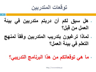‫المتدربين‬ ‫توقعات‬
•‫هل‬‫سبق‬‫لكم‬‫أن‬‫دربتم‬‫متدربين‬‫في‬‫بيئة‬
‫العمل‬‫من‬‫قبل؟‬
•‫لماذا‬‫ترغبون‬‫بتدريب‬‫المتدربين‬ً‫ا‬‫وفق‬‫ل‬‫م‬‫نهج‬
‫التعلم‬‫في‬‫بيئة‬‫العمل؟‬
•‫ما‬‫هي‬‫توقعاتكم‬‫من‬‫هذا‬‫البرنامج‬‫التدريبي؟‬
8
http://www.trainer.ps
 