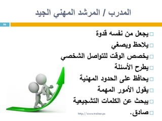 ‫المدرب‬/‫الجيد‬ ‫المهني‬ ‫المرشد‬
‫يجعل‬‫من‬‫نفسه‬‫قدوة‬
‫يالحظ‬‫ويصغي‬
‫يخصص‬‫الوقت‬‫اصل‬‫و‬‫للت‬‫الشخصي‬
‫يطرح‬‫األسئلة‬
‫يحافظ‬‫على‬‫الحدود‬‫المهنية‬
‫يقول‬‫األمور‬‫المهمة‬
‫يبحث‬‫عن‬‫الكلمات‬‫التشجيعية‬
‫صادق‬.
86
http://www.trainer.ps
 