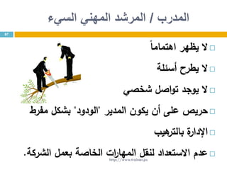 ‫المدرب‬/‫السيء‬ ‫المهني‬ ‫المرشد‬
‫ال‬‫يظهر‬‫اهتماما‬
‫ال‬‫يطرح‬‫أسئلة‬
‫ال‬‫يوجد‬‫اصل‬‫و‬‫ت‬‫شخصي‬
‫حريص‬‫على‬‫أن‬‫يكون‬‫المدير‬"‫الودود‬"‫بشكل‬‫مفرط‬
‫ة‬‫اإلدار‬‫هيب‬‫بالتر‬
‫عدم‬‫االستعداد‬‫لنقل‬‫ات‬‫ر‬‫المها‬‫الخاصة‬‫بعمل‬‫الشركة‬.
87
http://www.trainer.ps
 