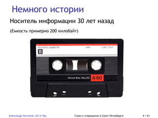 Немного истории
Александр Чистяков, Git in Sky Страх и отвращение в Санкт-Петербурге 4 / 61
Носитель информации 30 лет назад
(Емкость примерно 200 килобайт)
 