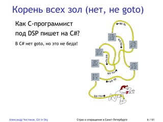 Корень всех зол (нет, не goto)
Александр Чистяков, Git in Sky Страх и отвращение в Санкт-Петербурге 6 / 61
Как C-программист
под DSP пишет на C#?
В C# нет goto, но это не беда!
 