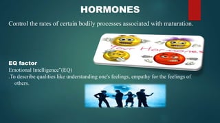 HORMONES
Control the rates of certain bodily processes associated with maturation.
EQ factor
Emotional Intelligence”(EQ)
.To describe qualities like understanding one's feelings, empathy for the feelings of
others.
 
