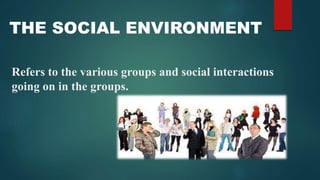 THE SOCIAL ENVIRONMENT
Refers to the various groups and social interactions
going on in the groups.
 