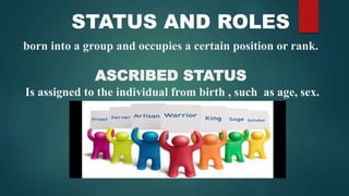 STATUS AND ROLES
born into a group and occupies a certain position or rank.
ASCRIBED STATUS
Is assigned to the individual from birth , such as age, sex.
 