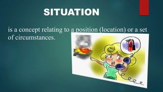 SITUATION
is a concept relating to a position (location) or a set
of circumstances.
 