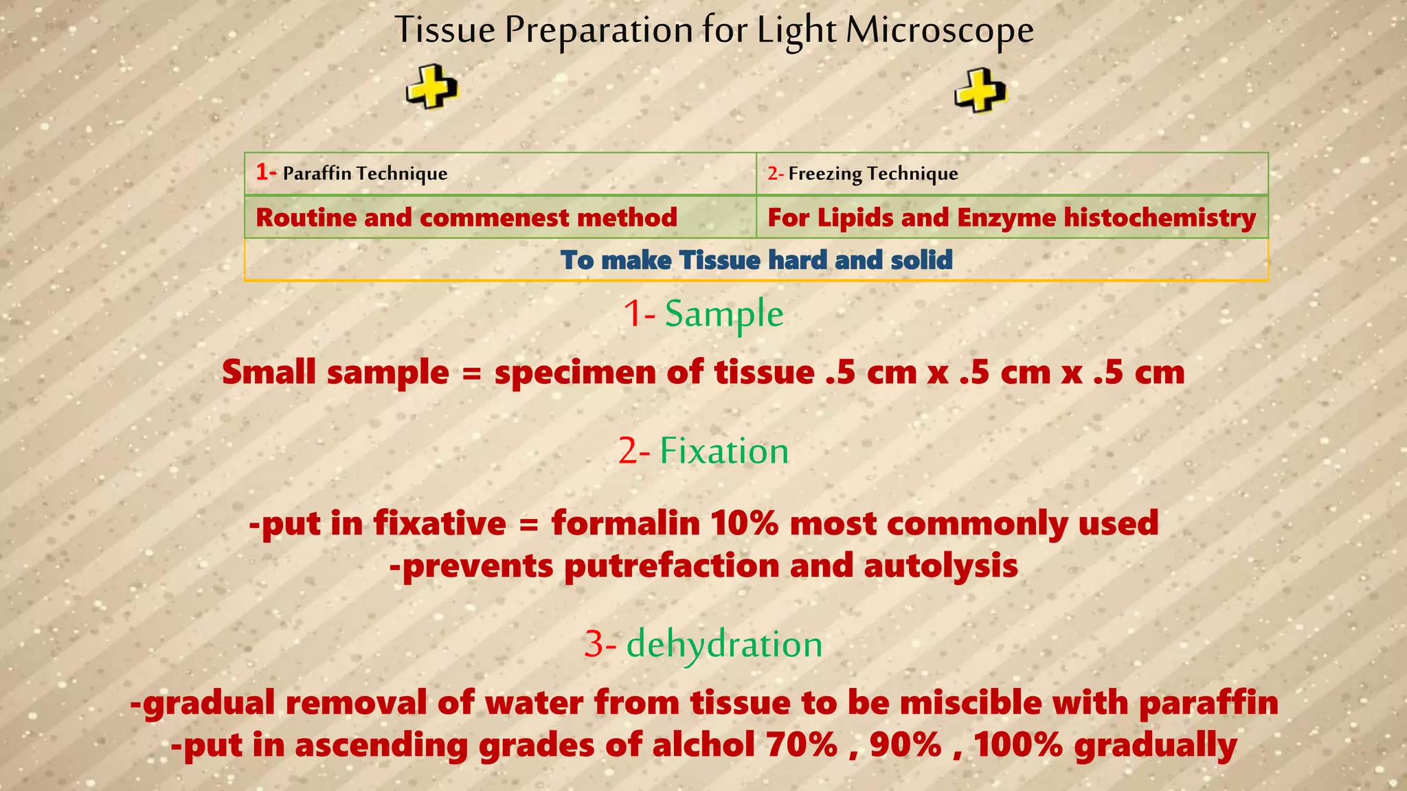 TissuePreparationfor Light Microscope
To make Tissue hard and solid
2-Freezing Technique1- Paraffin Technique
For Lipids and Enzyme histochemistryRoutine and commenest method
1- Sample
Small sample = specimen of tissue .5 cm x .5 cm x .5 cm
2- Fixation
-put in fixative = formalin 10% most commonly used
-prevents putrefaction and autolysis
3- dehydration
-gradual removal of water from tissue to be miscible with paraffin
-put in ascending grades of alchol 70% , 90% , 100% gradually
 