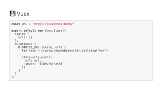 Vuex
const URL = 'http://localhost:8080/'
export default new Vuex.Store({
state: {
urls: []
},
mutations: {
MINIMIZE_URL (...