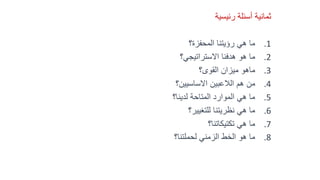 ‫المشتركة‬ ‫استراتيجيتنا‬
‫ثمانية‬‫أ‬‫رئيسية‬ ‫سئلة‬
.1‫المحفزة‬ ‫رؤيتنا‬ ‫هي‬ ‫ما‬‫؟‬
.2‫االستراتيجي‬ ‫هدفنا‬ ‫هو‬ ‫ما‬‫؟‬
.3‫القوى؟‬ ‫ميزان‬ ‫ماهو‬
.4‫الال‬ ‫هم‬ ‫من‬‫عب‬‫ي‬‫االساسيين؟‬ ‫ن‬
.5‫لدينا؟‬ ‫المتاحة‬ ‫الموارد‬ ‫هي‬ ‫ما‬
.6‫نظريتنا‬ ‫هي‬ ‫ما‬‫للتغيير‬‫؟‬
.7‫تكتيكاتنا؟‬ ‫هي‬ ‫ما‬
.8‫لحملتنا؟‬ ‫الزمني‬ ‫الخط‬ ‫هو‬ ‫ما‬
 
