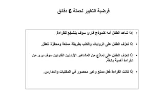 ‫التغيير‬ ‫فرضية‬‫لحملة‬6‫دقائق‬
•‫للقراءة‬ ‫ع‬ّ‫ج‬‫يتش‬ ‫سوف‬ ‫قارئ‬ ‫كنموذج‬ ‫أمه‬ ‫الطفل‬ ‫شاهد‬ ‫إذا‬.
•‫للعقل‬ ‫ة‬ّ‫ومحفز‬ ‫ممتعة‬ ‫بطريقة‬ ‫والكتب‬ ‫الروايات‬ ‫على‬ ‫الطفل‬ ‫ف‬ّ‫تعر‬ ‫إذا‬.
•‫م‬ ‫يرى‬ ‫سوف‬ ‫القارئين‬ ‫األردنين‬ ‫المشاهير‬ ‫من‬ ‫نماذج‬ ‫على‬ ‫الطفل‬ ‫ف‬ّ‫تعر‬ ‫إذا‬‫ن‬
‫بالغة‬ ‫أهمية‬ ‫القراءة‬.
•‫والمدارس‬ ‫المكتبات‬ ‫في‬ ‫محصور‬ ‫وغير‬ ‫ممتع‬ ‫فعل‬ ‫القراءة‬ ‫كانت‬ ‫إذا‬.
 