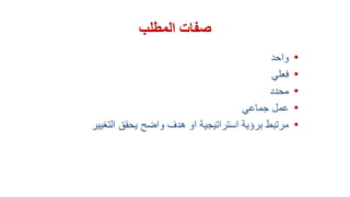 ‫المطلب‬ ‫صفات‬
•‫واحد‬
•‫فعلي‬
•‫محدد‬
•‫جماعي‬ ‫عمل‬
•‫التغي‬ ‫يحقق‬ ‫واضح‬ ‫هدف‬ ‫او‬ ‫استراتيجية‬ ‫برؤية‬ ‫مرتبط‬‫ير‬
 