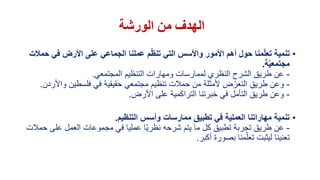 ‫الورشة‬ ‫من‬ ‫الهدف‬
•‫حم‬ ‫في‬ ‫األرض‬ ‫على‬ ‫الجماعي‬ ‫عملنا‬ ‫م‬ّ‫ظ‬‫تن‬ ‫التي‬ ‫واألسس‬ ‫األمور‬ ‫أهم‬ ‫حول‬ ‫منا‬ّ‫ل‬‫تع‬ ‫تنمية‬‫الت‬
‫ة‬ّ‫ي‬‫مجتمع‬.
-‫المجتمعي‬ ‫التنظيم‬ ‫ومهارات‬ ‫لممارسات‬ ‫النظري‬ ‫الشرح‬ ‫طريق‬ ‫عن‬.
-‫واأل‬ ‫فلسطين‬ ‫في‬ ‫حقيقية‬ ‫مجتمعي‬ ‫تنظيم‬ ‫حمالت‬ ‫من‬ ‫ألمثلة‬ ‫ض‬ّ‫التعر‬ ‫طريق‬ ‫وعن‬‫ردن‬.
-‫األرض‬ ‫على‬ ‫التراكمية‬ ‫خبرتنا‬ ‫في‬ ‫التأمل‬ ‫طريق‬ ‫وعن‬.
•‫التنظيم‬ ‫وأسس‬ ‫ممارسات‬ ‫تطبيق‬ ‫في‬ ‫العملية‬ ‫مهاراتنا‬ ‫تنمية‬.
-‫ح‬ ‫على‬ ‫العمل‬ ‫مجموعات‬ ‫في‬ ‫عمليا‬ ‫ّا‬‫ي‬‫نظر‬ ‫شرحه‬ ‫يتم‬ ‫ما‬ ‫كل‬ ‫تطبيق‬ ‫تجربة‬ ‫طريق‬ ‫عن‬‫مالت‬
‫أكبر‬ ‫بصورة‬ ‫منا‬ّ‫تعل‬ ‫ليثبت‬ ‫تعنينا‬.
 