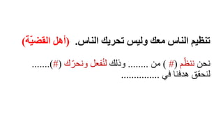 ‫الناس‬ ‫تحريك‬ ‫وليس‬ ‫معك‬ ‫الناس‬ ‫تنظيم‬.(‫ة‬ّ‫ي‬‫القض‬ ‫أهل‬)
‫نحن‬‫م‬ّ‫ننظ‬(#)‫من‬........‫وذلك‬‫ك‬ّ‫ونحر‬ ‫فعل‬ُ‫ن‬‫ل‬(#.......)
‫في‬ ‫هدفنا‬ ‫لنحقق‬...............
 