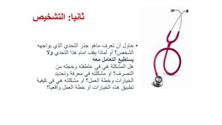 ‫ثانيا‬:‫التشخيص‬
•‫يواجهه‬ ‫الذي‬ ‫التحدي‬ ‫جذر‬ ‫ماهو‬ ‫تعرف‬ ‫أن‬ ‫حاول‬
‫التحدي‬ ‫هذا‬ ‫امام‬ ‫يقف‬ ‫لماذا‬ ‫أو‬ ‫الشخص؟‬‫وال‬
‫معه‬ ‫التعامل‬ ‫يستطيع‬
‫من‬ ‫وخجله‬ ‫عاطفته‬ ‫في‬ ‫هي‬ ‫المشكلة‬ ‫هل‬
‫وتحديد‬ ‫معرفة‬ ‫في‬ ‫مشكلته‬ ‫او‬ ‫التصرف؟‬
‫كي‬ ‫في‬ ‫هي‬ ‫مشكلته‬ ‫او‬ ‫العمل؟‬ ‫وخطة‬ ‫الخيارات‬‫فية‬
‫واقعيا؟‬ ‫العمل‬ ‫خطة‬ ‫او‬ ‫الخيارات‬ ‫هذه‬ ‫تطبيق‬
 